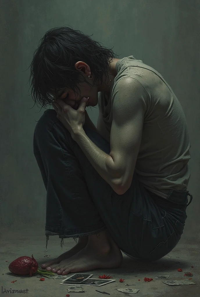 Red-haired man with head down with bloody hand covering his face wearing tank top in very dark place 