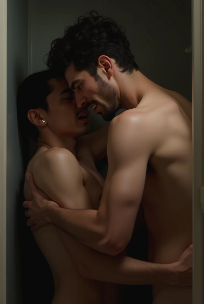 Two korean men are having a shower, using jeans, shoes, topless, stand up, hugging each other