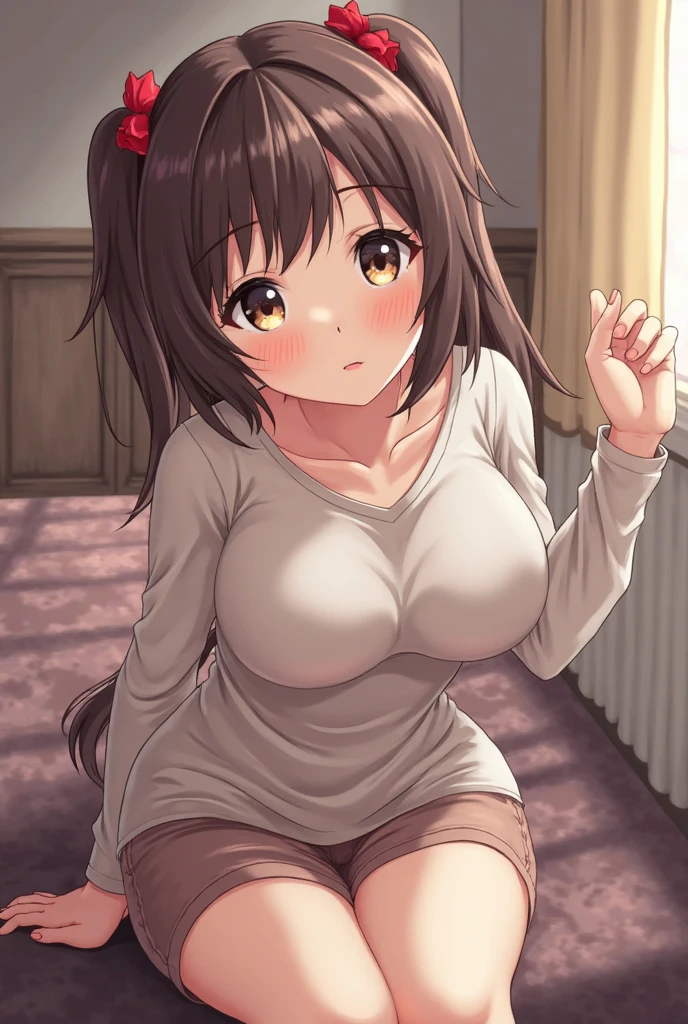 ((Highest quality)), ((masterpiece)), (detailed), woman,Age 25,(White knitted sweater),(mini skirt),Shoulder Bare,Big Breasts,blush,Underbust,(Her cleavage is visible),(Excited expression),(Seduce),night,indoor,Remains,nightのRemains,Dim lighting,(In a dimly lit room),(In a messy room),Browsing Caution,sexy,dirty,Sweat,(Black knee-high socks),(Hold your chest together with both hands),(Sticking out tongue),(The mouth becomes white and dirty),