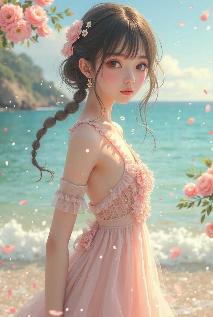 (solo:1.8), (elegant: 1.2), gorgeous, long hair, wind, (elegant: 1.3), (petals: 1.4), ((masterpiece))), ((best quality)), (ultra-detailed), (illustration), (dynamic angle), ((floating), (paint), ((loose hair)), (solo), (1girl), ( ( ( (detailed anima face)))), ((beautiful detailed face)), collar, bare shoulders, pink silver hair,((striped hair)), beautiful detailed eyes, ((Gradient eyes), (colored eyes))), (white cloud background))), (high saturation))), ((surrounded by colorful splashes)),Beautiful nipples,Hobo Flat Chest,Leaner figure,A young, beautiful girl with a beautiful nose,Small waist,Very small ass,Very slim legs,((see through cotton dress)),((see through lace dress)),((Beautiful nipples)),(Eyes that are too beautiful),(A beautiful girl of unparalleled beauty),