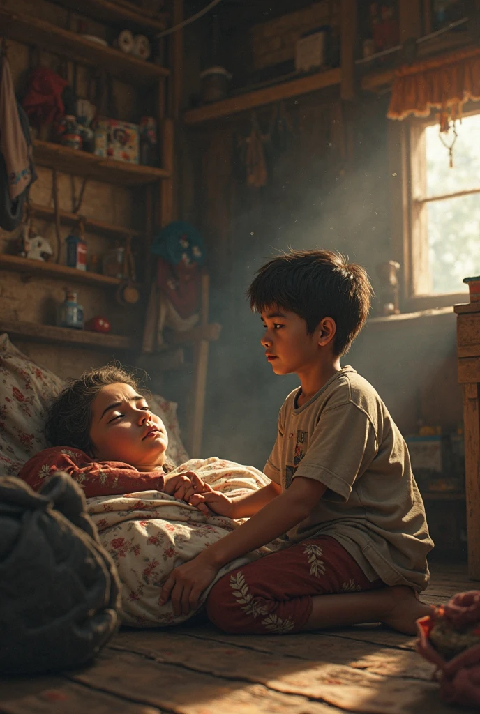 Create a 3D scene depicting a dimly lit village at night, where houses are nestled under a starry sky. In the foreground, show a small room with a young boy, Muni, sitting on his bed, visibly trembling with wide-open eyes filled with fear. His mother, Sumitra, is leaning over him, trying to comfort and shake him awake. The atmosphere should convey a sense of urgency and tension, with shadows adding to the dramatic effect.