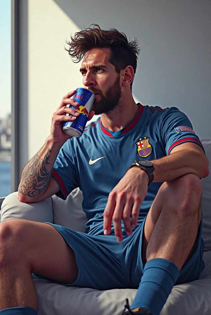 a wide angle picture of eden hazard drunk, in football kit clothes, on a sofa with a bottle of alchohol in his hand, drinks and alchohol all over in the room, drunk footballer, star footballer