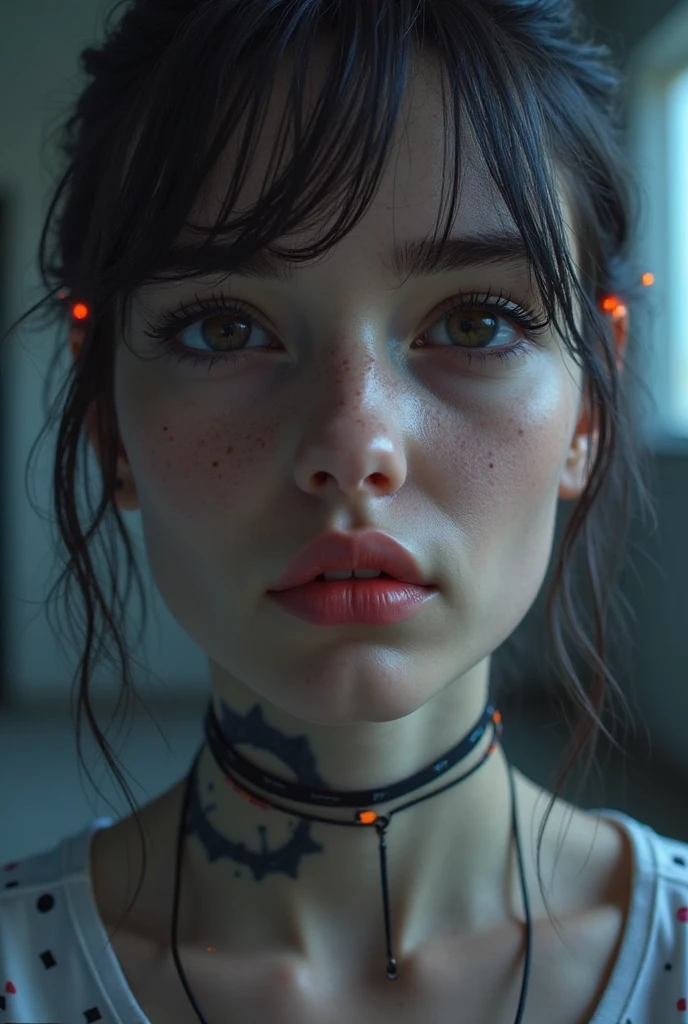 A hot cute young woman dressed in sexy cyberpunk clothes, facing camera, a little smile, standing in front of a wall of computers, intricate designs, Smokey room, purple Celtic tribal tattoos, ((purple eye iris, flat chested, toned abs, baby face)), (intense colors), undercut purple hair with ponytail, cyberpunk background, dressed in cyberpunk leather clothes, cameltoe showing, puffy vulva, facing forward