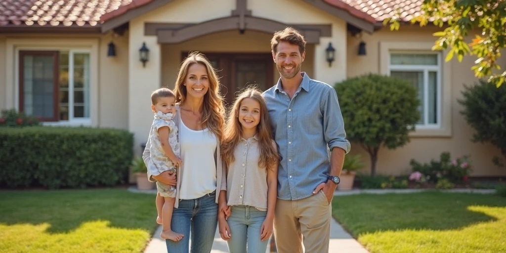 A lovely young and happy couple with a young g daughter and son photograph infront of their beautiful house