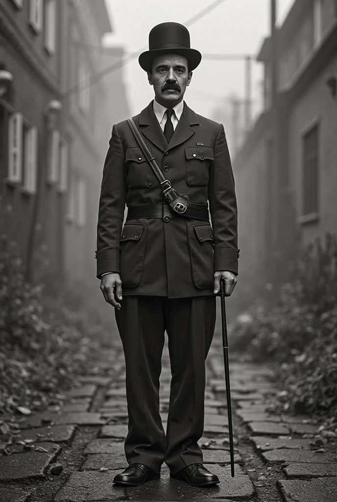 There's a uniformed man standing in a narrow alley, Futuristic Nazi German city, uma policial negra dieselpunk, Situado em WW2, Alemanha, Rua Dieselpunk futurista, oficial, inspirado em Adolf Dietrich, foto de retrato de pintura fosca, vestindo uniforme policial, policial, policial, anime maid nazi ss military, foto de retrato, standing in an alleyway, traje: soprar, hitler