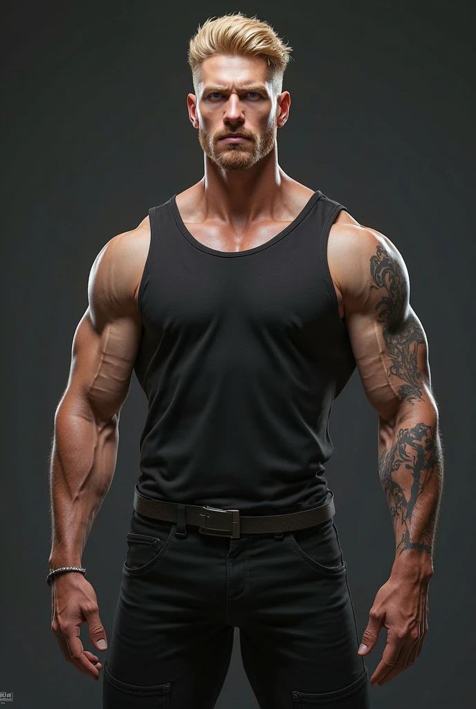 Tall Man, muscular, white tank top, black hair, short hair, black eyes, X-shaped scar on left cheek, short beard and mustache, pale, black pants, black shoes.