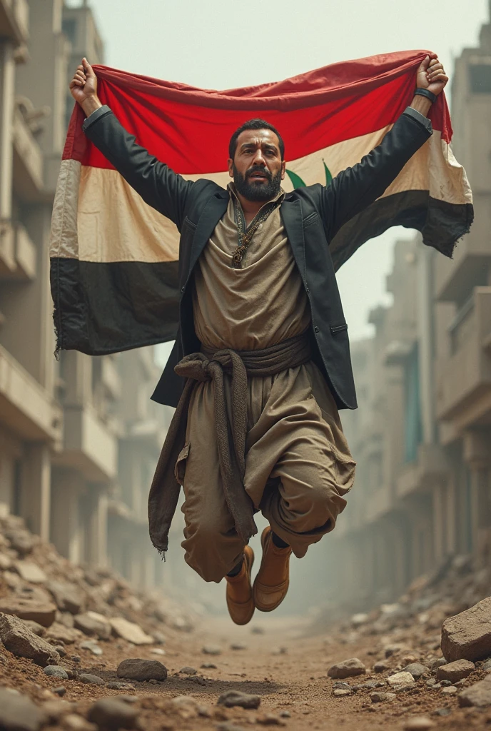 Depicts a Palestinian fighter carrying a full weapon shouting with his hand raised holding the Palestinian flag.