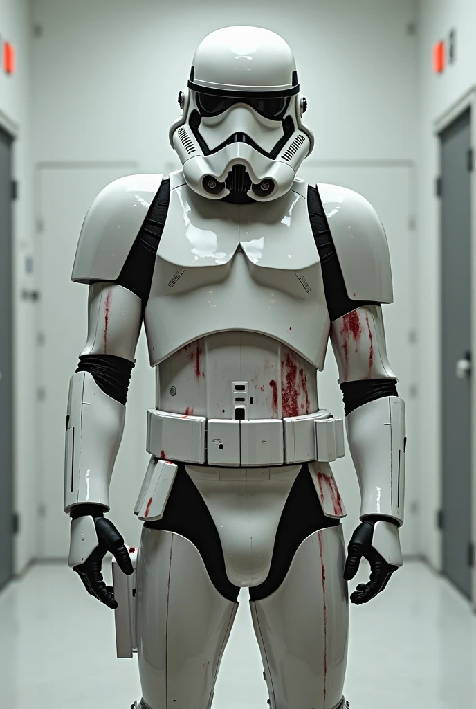 (star wars) A nurse droid (vaguely female, very human face, lots of spindly metal tool arms) is at a medical table stitching pieces of storm troopers together to make new stormtroopers. Heaps of storm trooper pieces lay in bloody piles near the table. Horror medical bay
