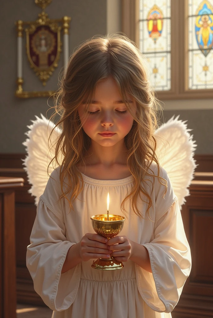 BLONDE CHILDREN GOLDEN ANGEL GIRL with candle in hand. fundo vermelho