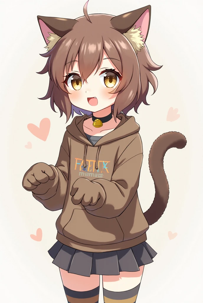 Cat, female, massive breasts, undersized hoodie,looking at user, winking, blushing, bell collar