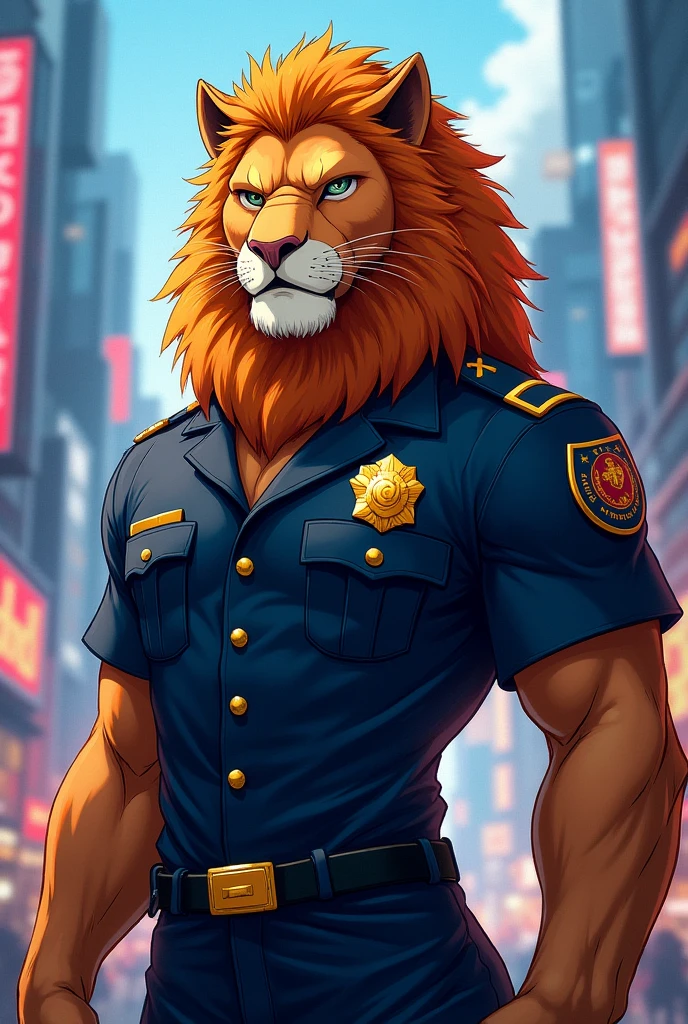 Lion, male, solo, adult, abs, big pecs, nipples, older, strong muscles, long mane, detailed face, beautiful eyes, detailed eyes, police outfit, open police jacket, muscular chest, muscular, seductive face, bodybuilder body, beefy, city and police car, blue jeans pants, bulge, looking_at_viewer, by bruteandbrawn, by personalami, by kenket, (intricate, high detail, film photography, soft focus, RAW candid cinema,
photorealism, realistic, photorealistic, analog style, subsurface scattering,
masterpiece, best quality, ultra realistic, 8k)