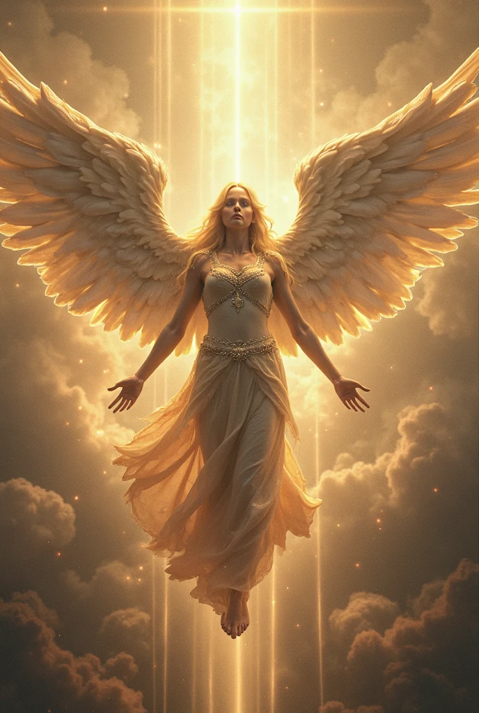 In this masterpiece, a stunning (sexy angelic warrior) stands in the center of the frame, radiating an aura of mystique and beauty. The ultra-detailed 4K image presents her in front of the great (gates of heaven) amidst (pearlescent white clouds), surrounded by a magnificent starry sky. Volumetric lighting casts a warm glow on her porcelain skin, accentuating the intricate details of her (sexy celestial armor). Her straight blonde hair is gorgeous, framing her charming smile and captivating cleavage. The mesmerizing atmosphere is punctuated by (red thunderstorms and lightning) in the surreal sky, as if the heavens themselves are summoning her presence. The composition masterfully balances depth and complexity, drawing the viewer's eye to the perfect body, with its impeccable ??????? and tantalizing pose.  (Charming smile), (Beautiful big breasts), (Blue halo above the head), (Sexy silver armor), She has (2 big wings:1.5) on her upper back. (2 big white wings:1.3). (2 big symmetrical wings:1.3). (Photorealistic), (Light theme). (Russian girl). (Beautiful navel). (Big sword of light)