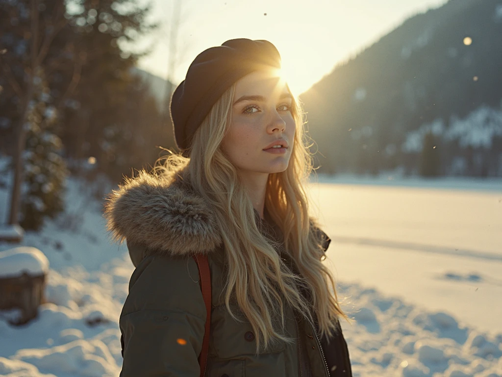 tv_Alea_MXAI, , , sad expression, wearing a winter coat, wearing winter pants, wearing winter boots, sitting on a rock by a frozen mountain lake, midnight, moonlight, shot from the side,, 8k resolution, highres, high detail, sharp focus, detailed skin, 8k uhd, bokeh, analog photography