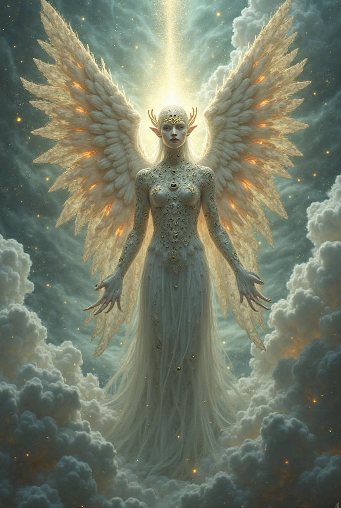 man with wings, four faces, the first face being a cherubim, the second face a man, the third face a lion, and the fourth face an eagle