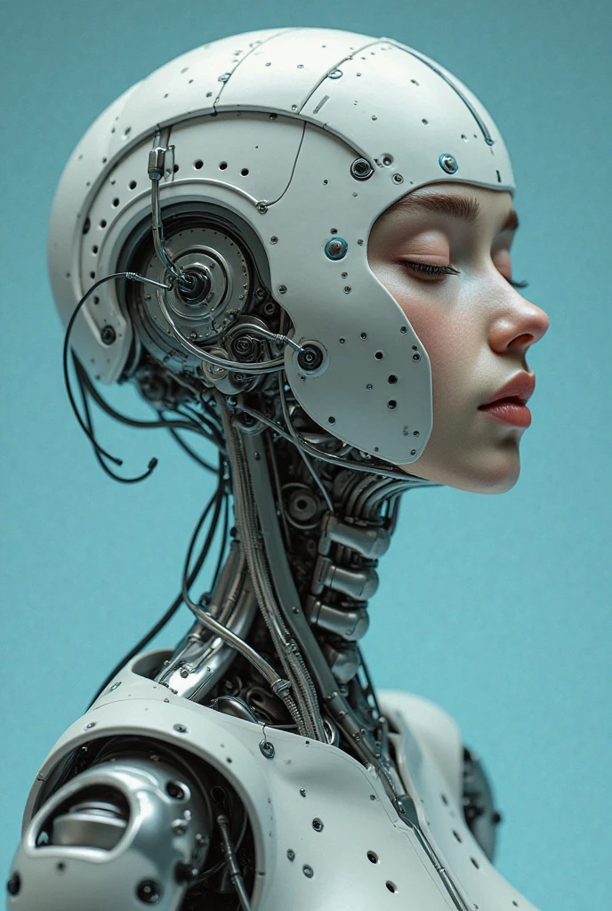 complex 3d render ultra detailed of a beautiful porcelain profile woman android face, cyborg, robotic parts, 150 mm, beautiful studio soft light, rim light, vibrant details, luxurious cyberpunk, lace, hyperrealistic, anatomical, facial muscles, cable electric wires, microchip, elegant, beautiful background, octane render, H. R. Giger style, 8k, best quality, masterpiece, illustration, an extremely delicate and beautiful, extremely detailed ,CG ,unity ,wallpaper, (realistic, photo-realistic:1.37),Amazing, finely detail, masterpiece,best quality,official art, extremely detailed CG unity 8k wallpaper, absurdres, incredibly absurdres, , robot, silver halmet, full body, sitting