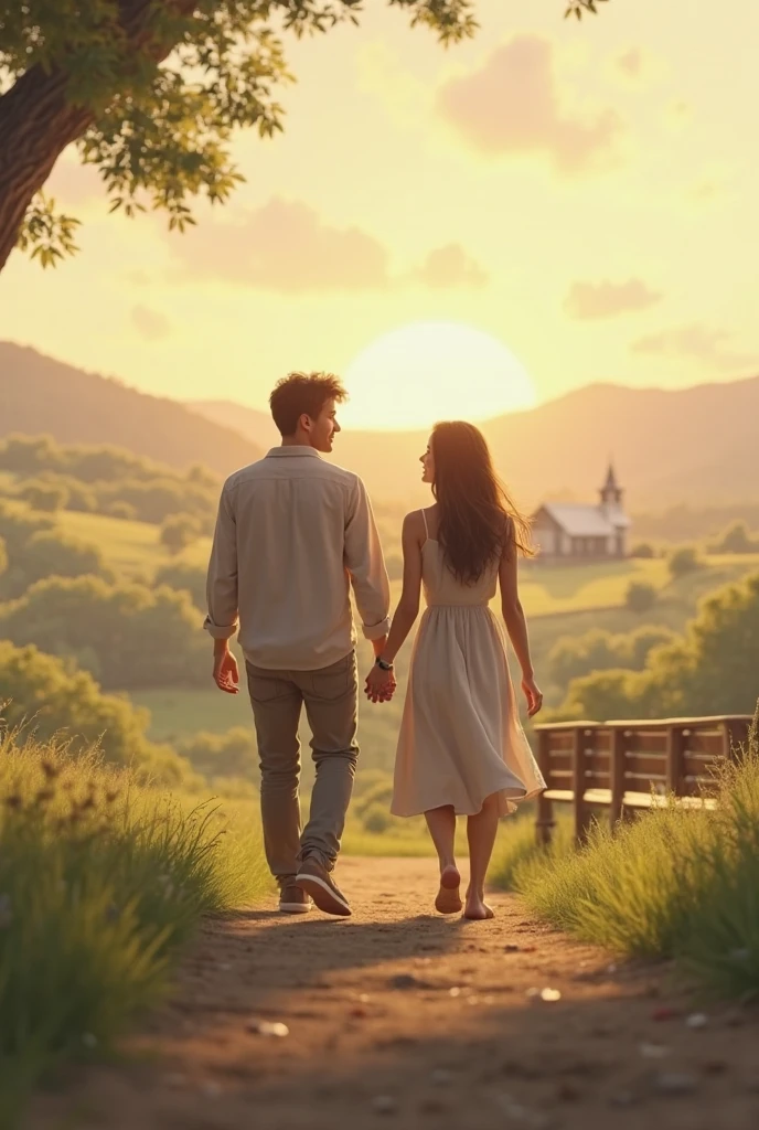(photorealism:1.2), friendship of two individuals, a woman and a man walking in a village, there is a wooden fence across and green grass