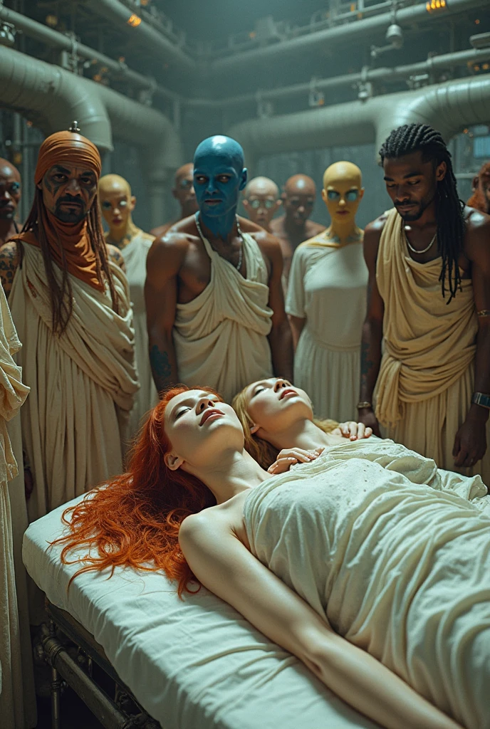 (photorealism:1.2), five handsome men, lying on top of each other on the floor, on a rug, inside a castle, They wear light medieval clothing, bare torso, light of many candles, One of them has to be silver hair and pale skin., another has purple hair and olive skin, another has orange hair and pale skin, another has light mint green hair and pale skin and the last has navy blue hair and warm skin. 
