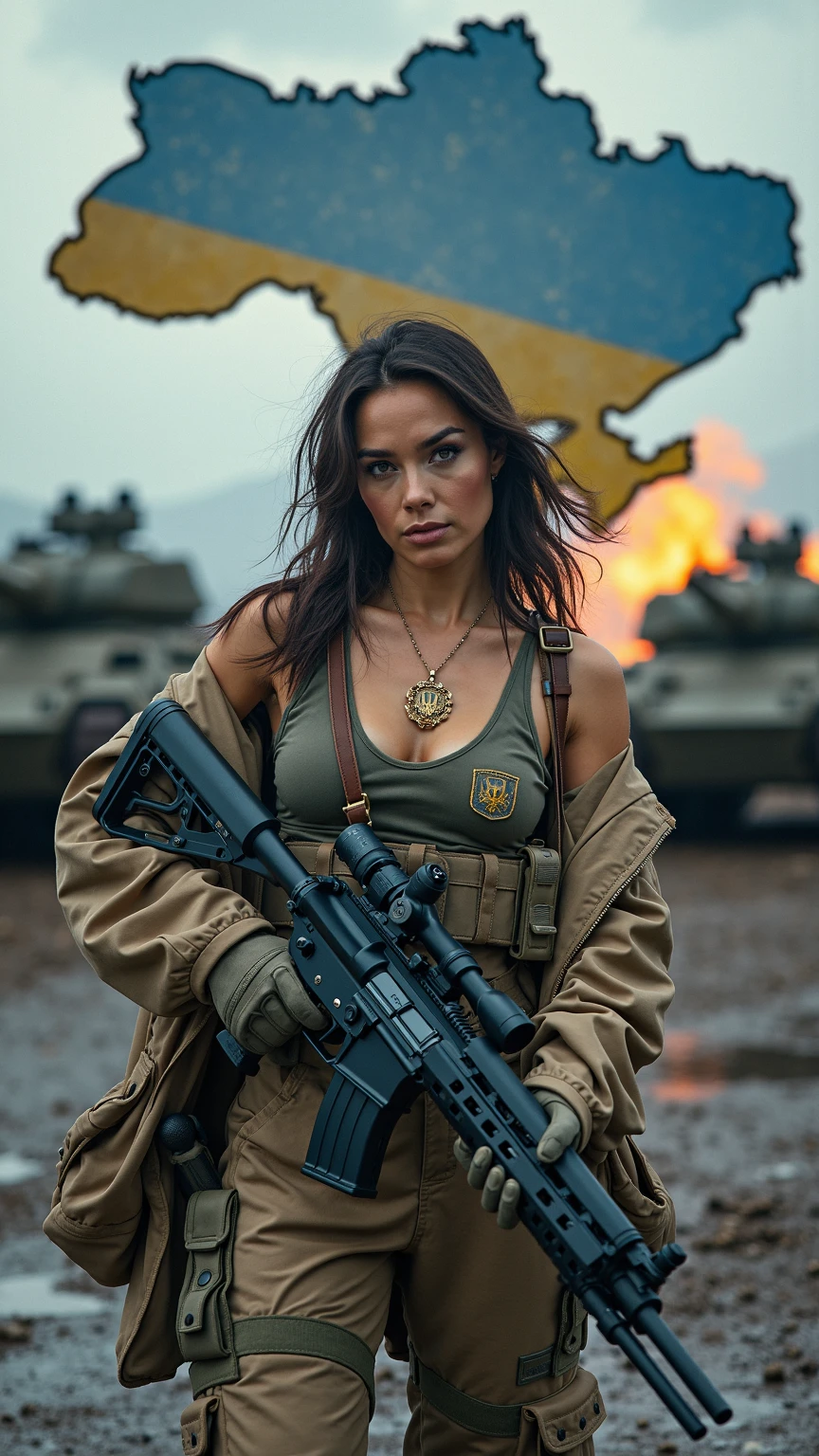 8k , quality, Artwork,arme , fusil d'assaut FAMAS, Special Force Woman, Tanks in scenery, large breast