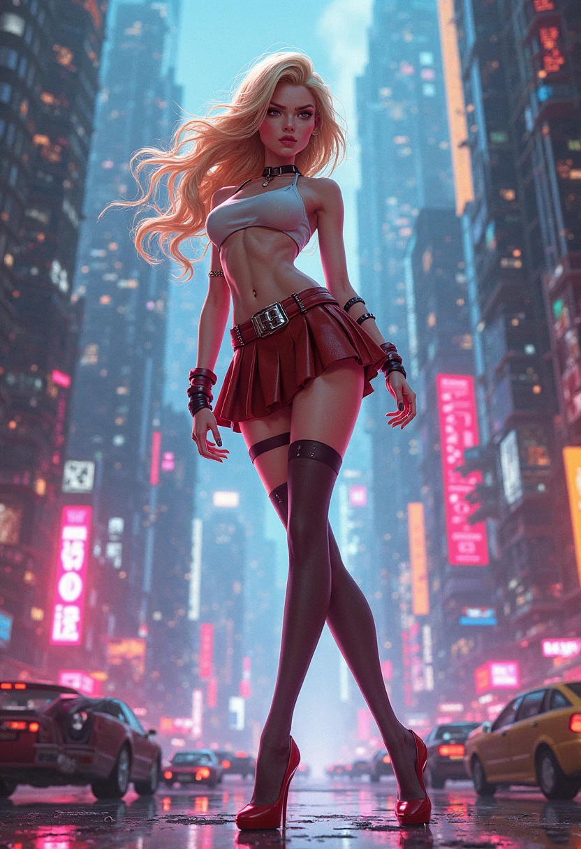 Transport Buffy, with enormous tits, into a cyberpunk cityscape with neon-lit streets. Vampires, outlined in digital shadows, navigate the gritty metropolis, merging the cyberpunk vibe with the mysticism of the Buffy universe.