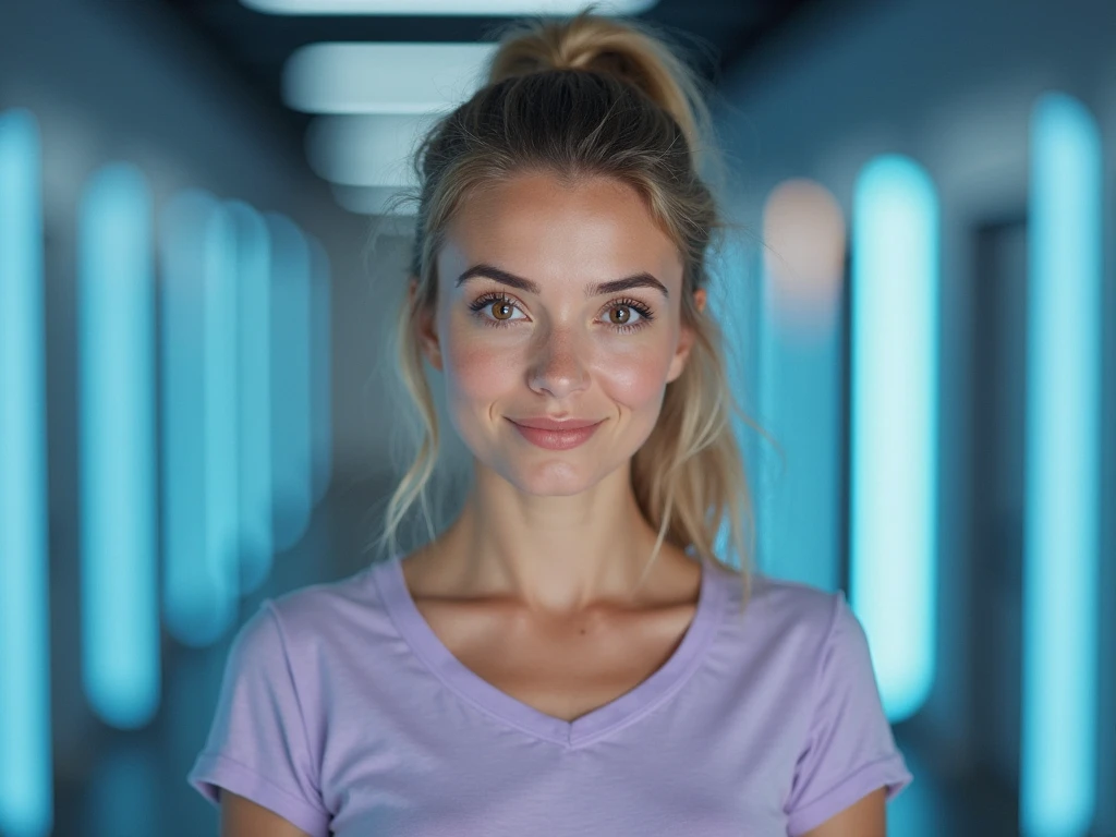 (photorealism:1.2), beautiful woman, swedish, blonde, smiling,, assistant, pencil skirt, 18yo, corporate lobby, white floor and ceiling, lights out, hologram, projection, floating above ground, looking at camera, short hair, transparent girl