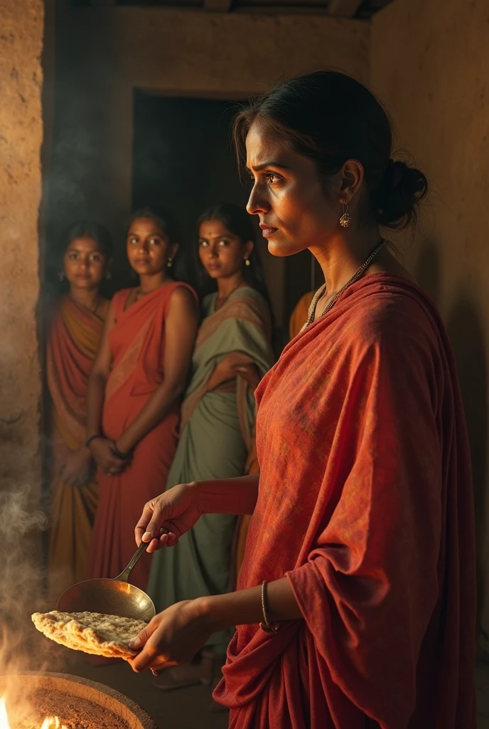 A Hindu Brahmin women in orange saree and in forehead Tika ,cutting meat