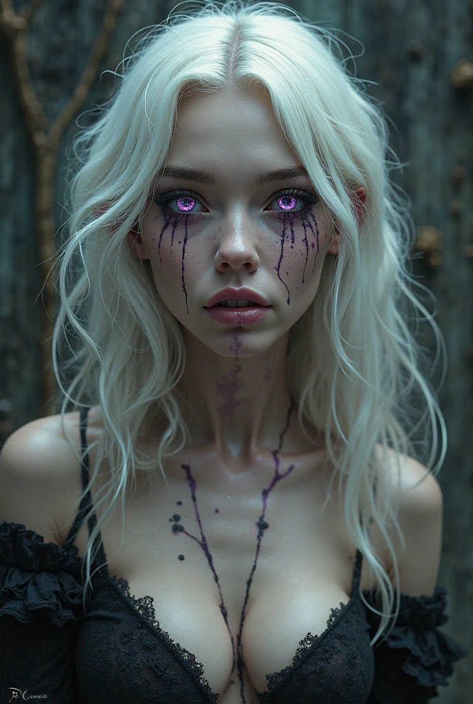 The girl is mentally ill and has Hanahaki disease. Long Mint green hair, purple eyes, and full of wounds.