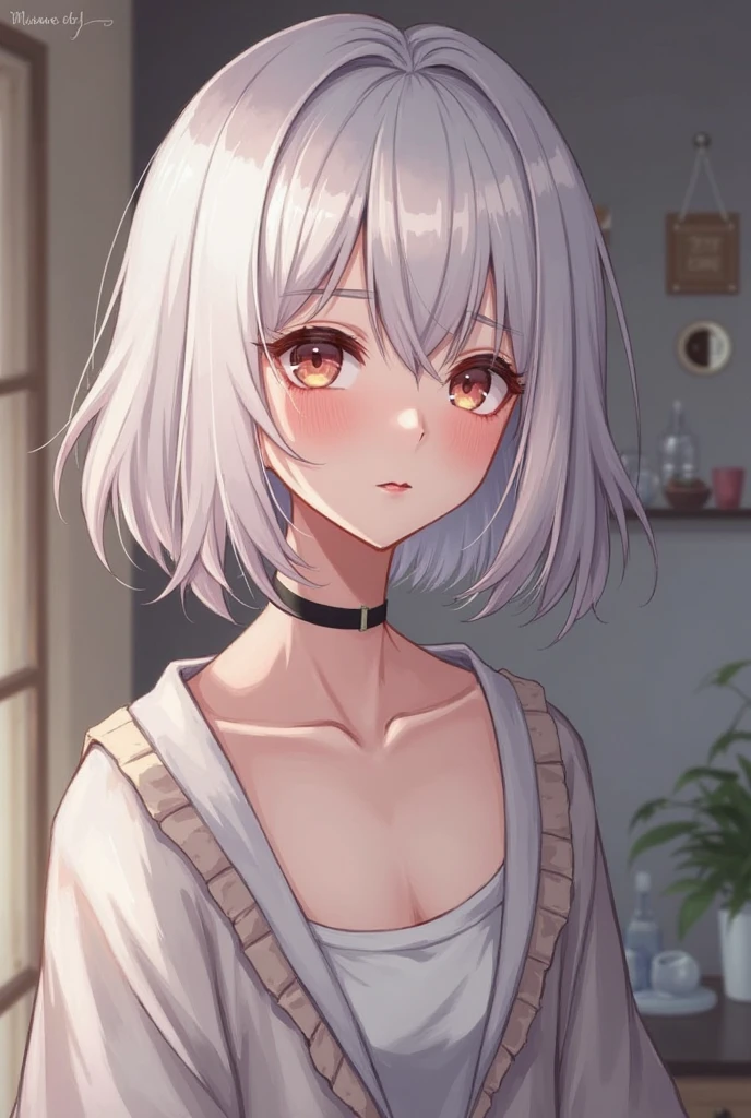 white hair, ahoge, wet hair, mole under eye, heart-shaped pupils, blush, shy, heart in eye, cat ears, anime style, depth of field, anime, textured skin, high details