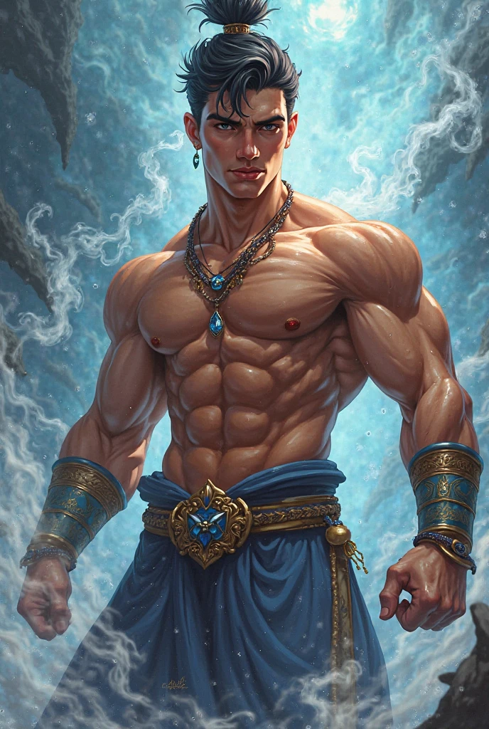 masterpiece, best quality, Arafed macho em uma capa azul segurando uma bola de cristal azul, portrait of demigod hercules, muscular male hero, handsome prince of persia, kaladin stormblessed, Artgerm e Genzoman, Sylas, retrato masculino da fantasia, Djinn human hybrid, Artgerm Greg Rutkowski _ Greg, casimiro arte, 4k, 8k, hyperrealistic, (((detailed face))), ((ultra-detailed)), (((Detailed eyes description)))