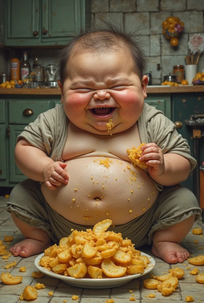 Create a 8k 3d image that is hyper realistic. This image is of a obese human with many belly rolls eating twinkies. He is eating a handful at a time