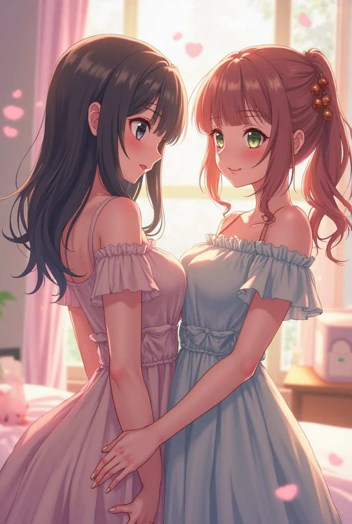 A 2 anime girl with long brown hair and blue eyes wearing a bunny girl outfit