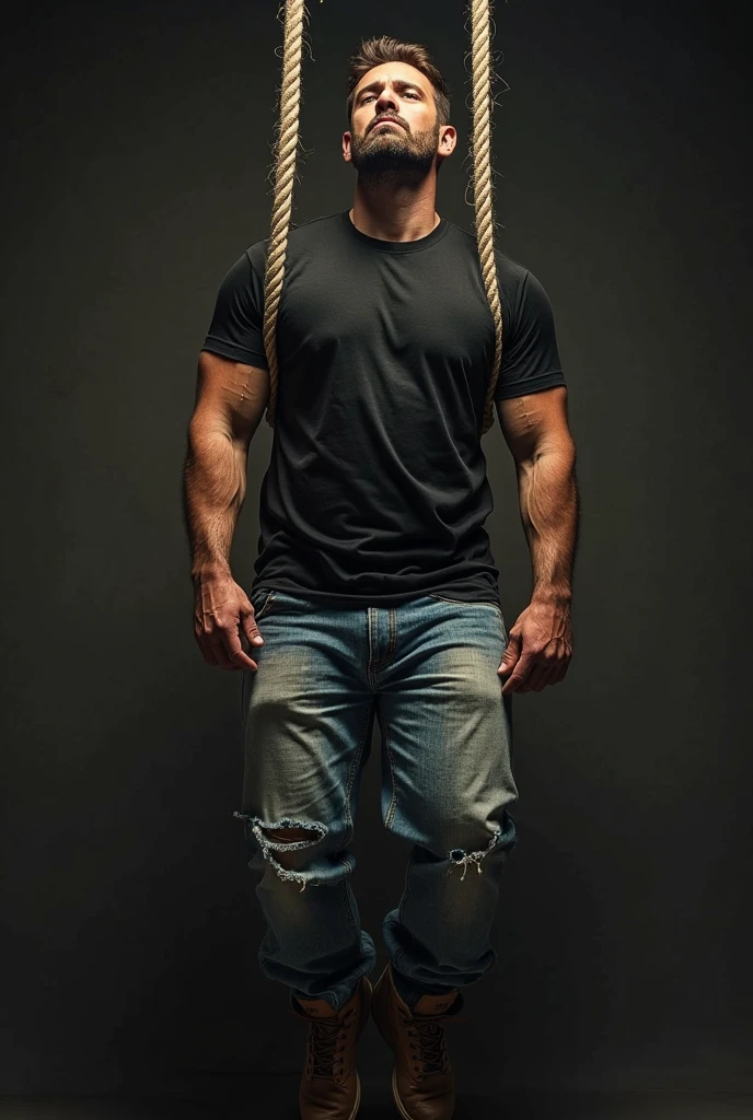 Sexy man in boxers held by several chains in the middle of a room