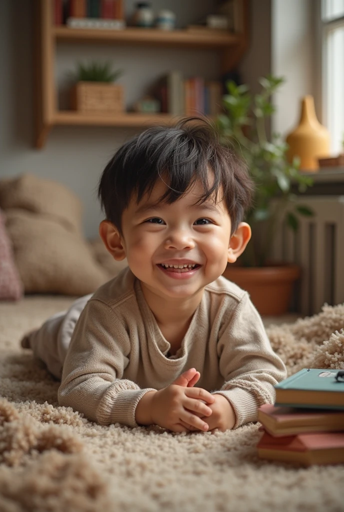 "Create a portrait of a young boy with large, expressive eyes looking directly at the camera. He has short black hair with a neat haircut, wearing a patterned shirt. The boy is holding a string-like object near his mouth, as if he is playing with it. The background shows a home environment with light-colored curtains and some miscellaneous objects."