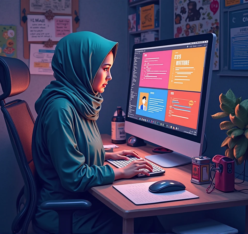Hijabi girl with glasses working on computer
Sharp colors another