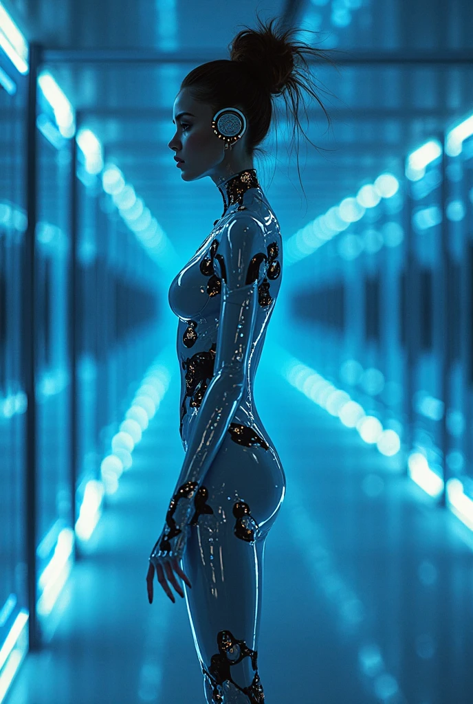 Woman with shiny translucent fractal skin, whole body, Large Breasts，Blue binary code， printed circuit board，Full of energy, Ultra HD, Vibrant colors, perfect composition, Natural 3D cinema lighting, Amazing shadows, Black silhouette, Volumetric Light, (Movie Posters)，Most popular。
