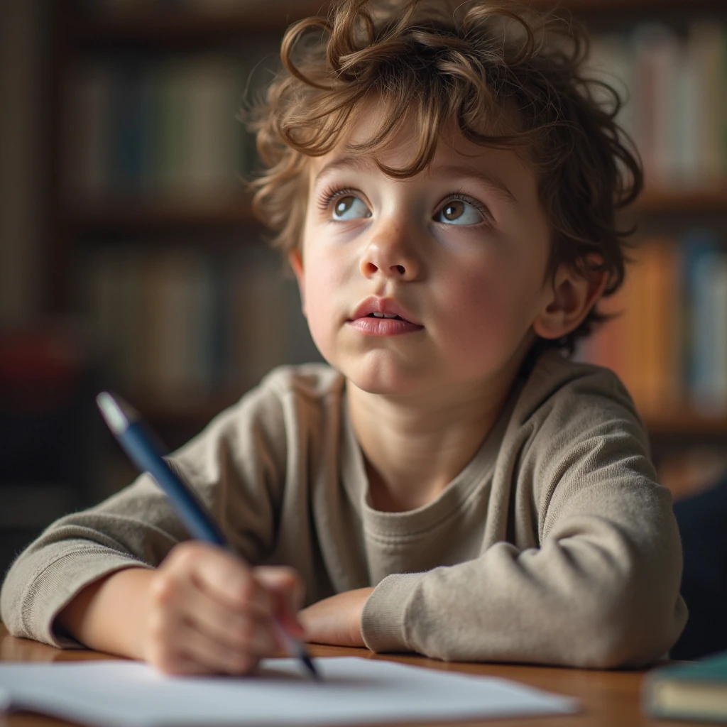 Realistic photo of skinny boy, light brown hair, curly hair, spiderman backpack, studying 2nd level, seated
