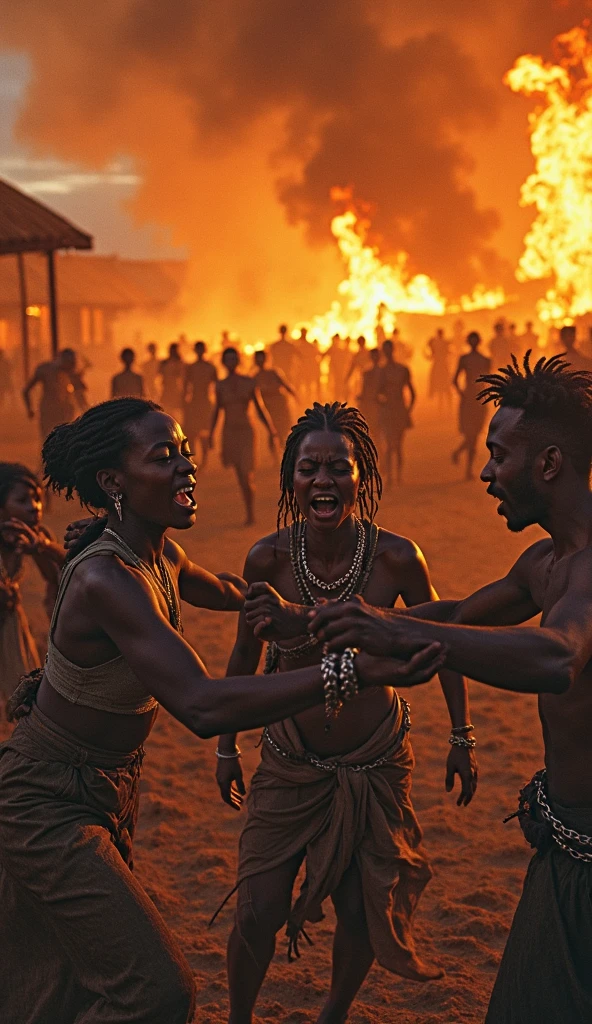 A crying African woman with large breasts, an African man laughing and fastening his pants behind her, African tribal style, Wakanda, extremely detailed, photo-realistic, 8k, hyper-detailed, cinematic lighting, dramatic shadows, powerful colors, emotional expression, cultural details, natural environment, (best quality:1.2),(realistic:1.37)