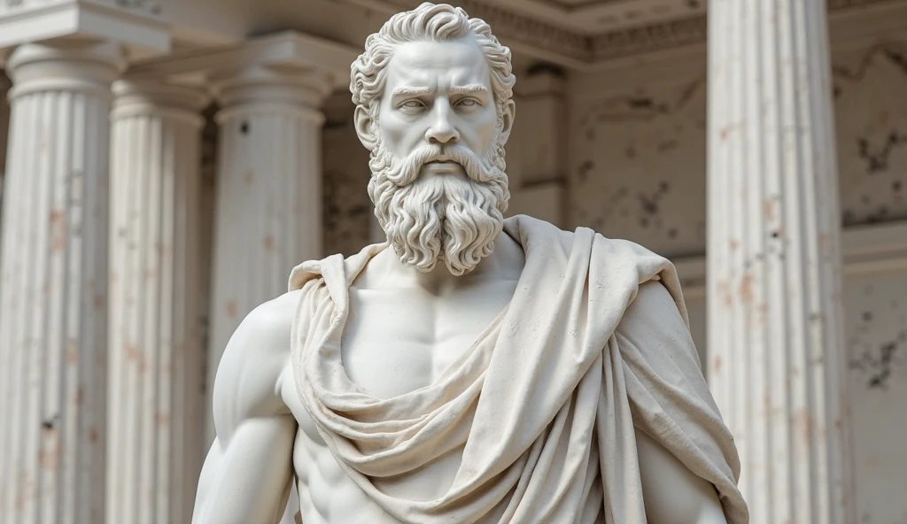 A hyper-realistic marble statue of the philosopher Epictetus holding a scroll, very old and ancient dust, and his facial expressions betray deep sadness and overthought. Against the background of Roman columns, petrified birds, ashes on the withered and rotting ground, the colors are muted and faded, to emphasize the seriousness of the scene.