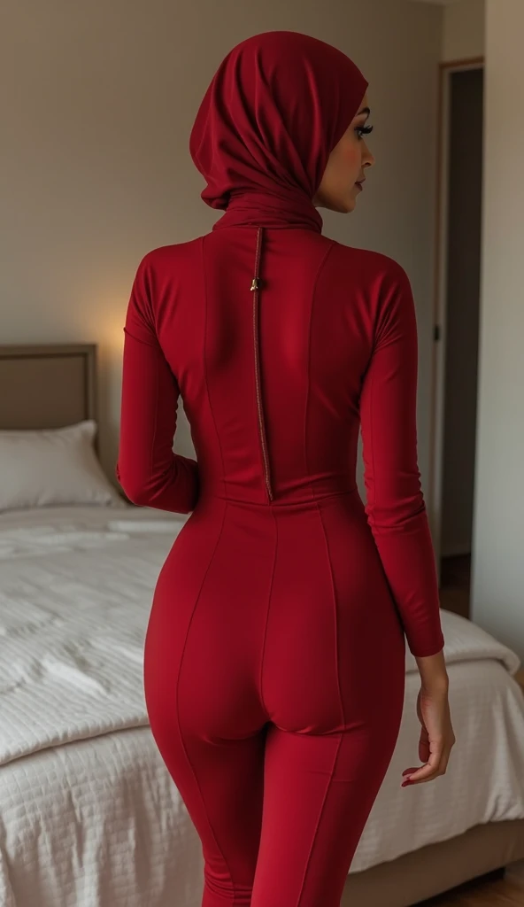 Jennifer Lawrence is beautiful, smiling happily, wearing a red wool bodysuit standing next to a red supercar