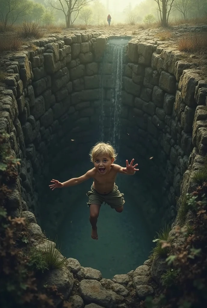 Make a image of a boy who fall down into  the well
