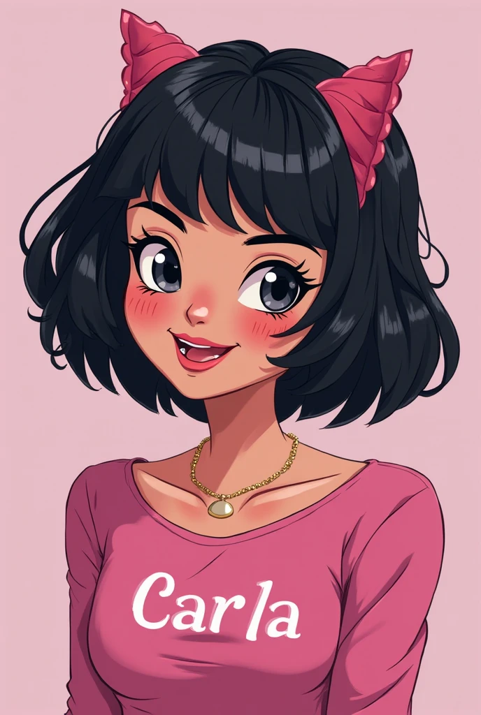 Pretty young woman, black hair, a strand of pastel red hair, black eyes, clear thesis, a small red heart on the right cheek, comic-style image, Curly shoulder length hair, medium breasts, wearing a black dress that starts from the chest, short dress