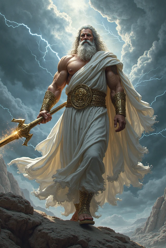 Greek god Zeus, holding his iconic lightning bolt, with soap bubbles in the background