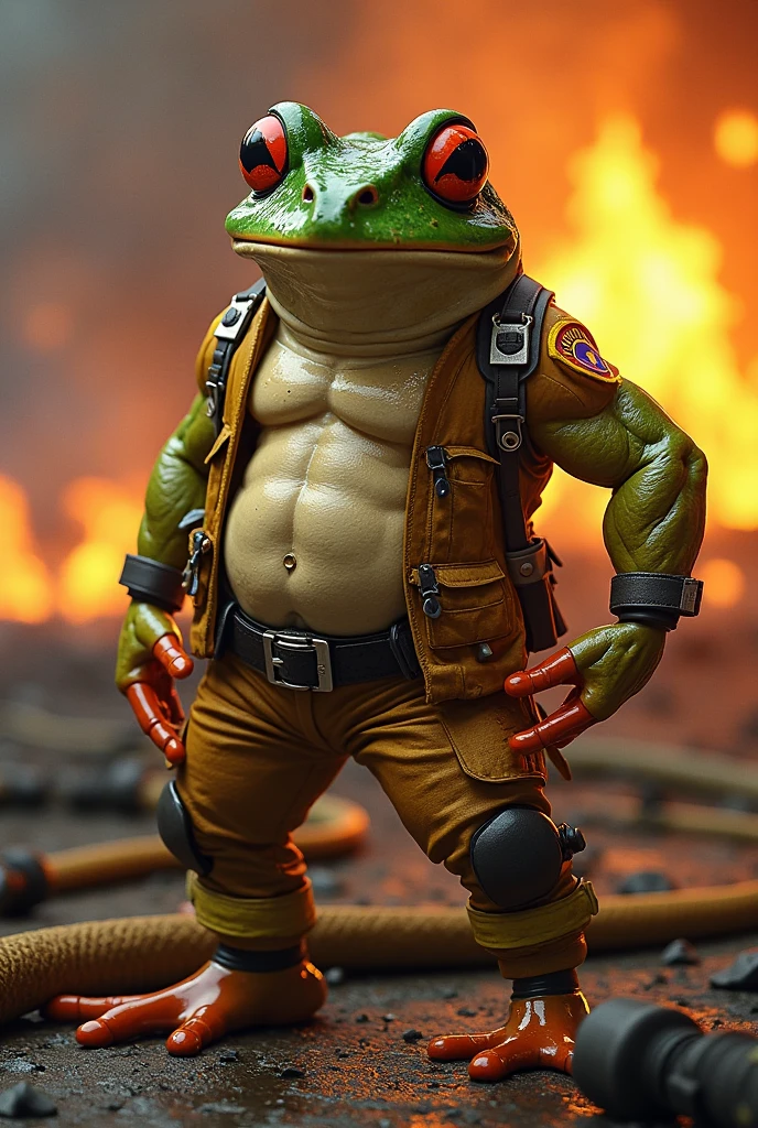 Strong and muscular green frog dressed as a firefighter wearing a red firefighter helmet, with a fire axe 