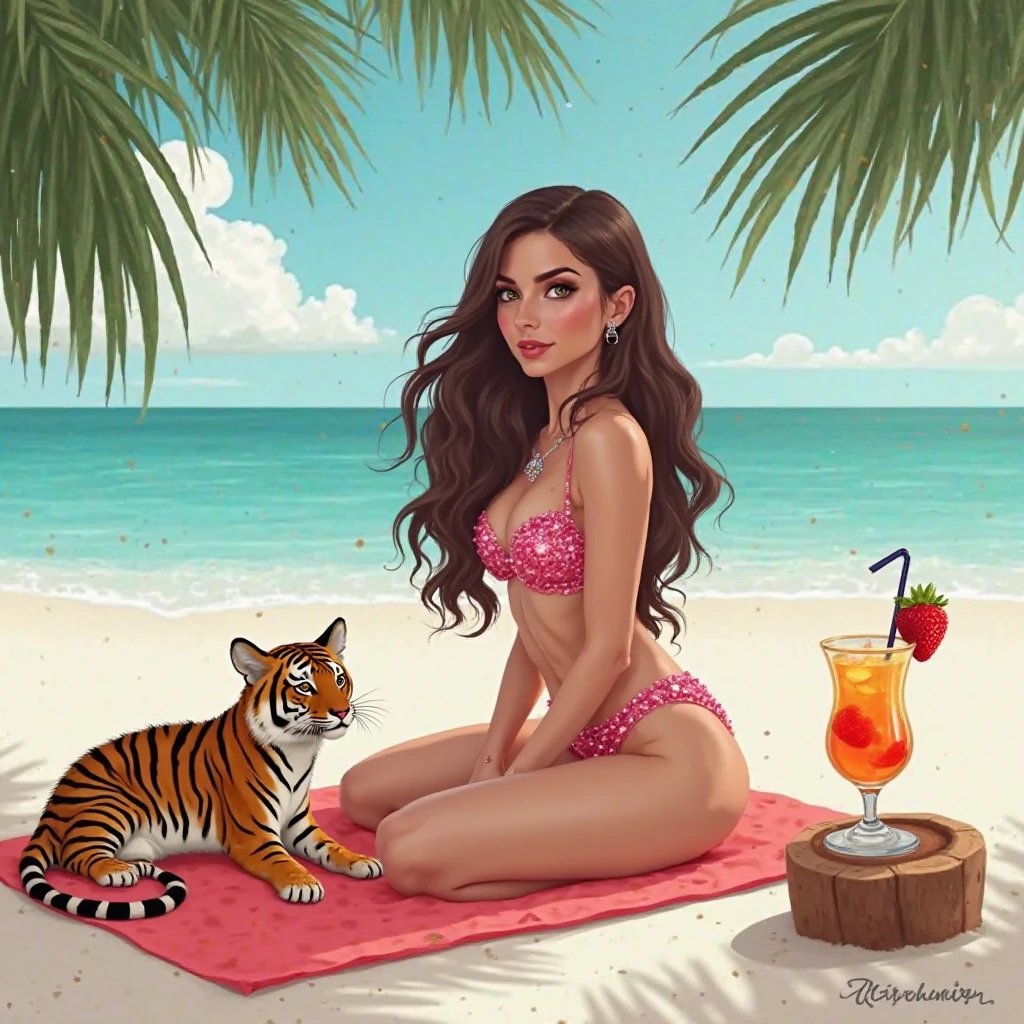 ((bikini, tiger print bikini, beach, paradise island, beach kiosk, sea, trees))