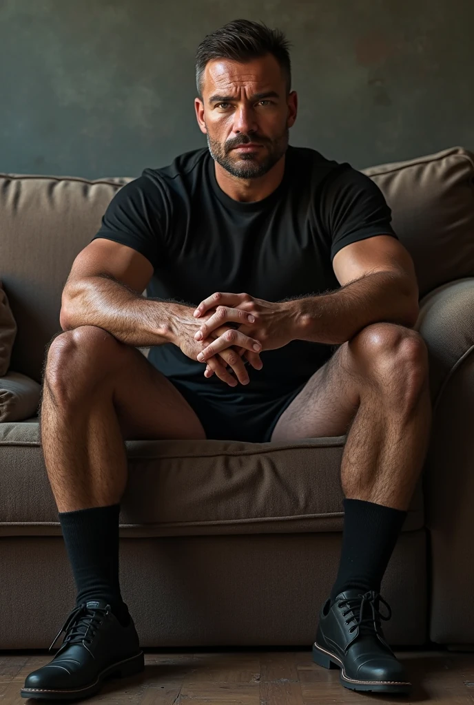 40 years old,Hidetoshi Nakata,(Kogoro Mori 1.3),whole body,Lean,muscle,office,grey socks,Suit,Feet raised,sofa,Baldhead ,transparent,Thick body hair,underwear,Topless,Densely hairy,Fortitude,HD,With a mustache