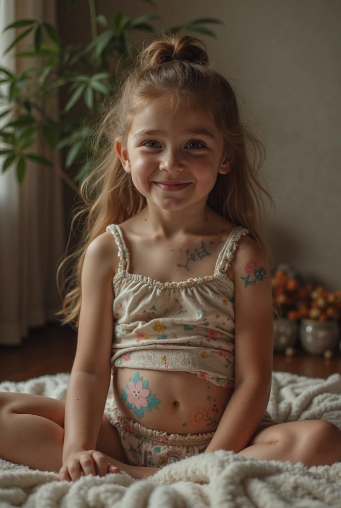 (masterpiece, best quality:1.2, perfect hands, parfect fingers, parfect face, high resolution, high detail, 16k), 1 girl, solo, cute, (((junior, teen, ???, childish, 10 years old, baby face, primary school student, js))), japanese girl, sadly smile, cowboy shot, hotelroom, bikini, full-body tattoo,