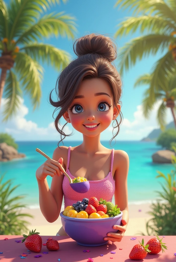 A cartoon image of a beautiful young woman in a bikini eating beans sitting in a beach restaurant looking straight ahead and taking a close up shot