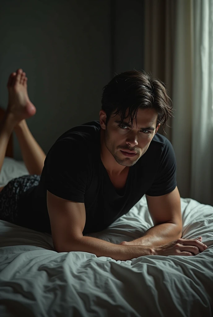 After exercise, Abs handsome guy lying on the bed socks and mix and match watching the audience real 4K light and shadow only transparent pants sweaty black hair blue eyes white socks sexy man normal body love physiological reaction strong