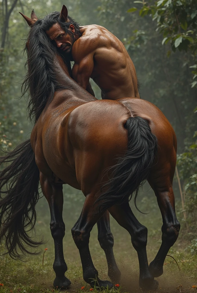 Black and white fashion photo of tall blonde undressed nude guy riding black horse. black leather boots only, bare skin