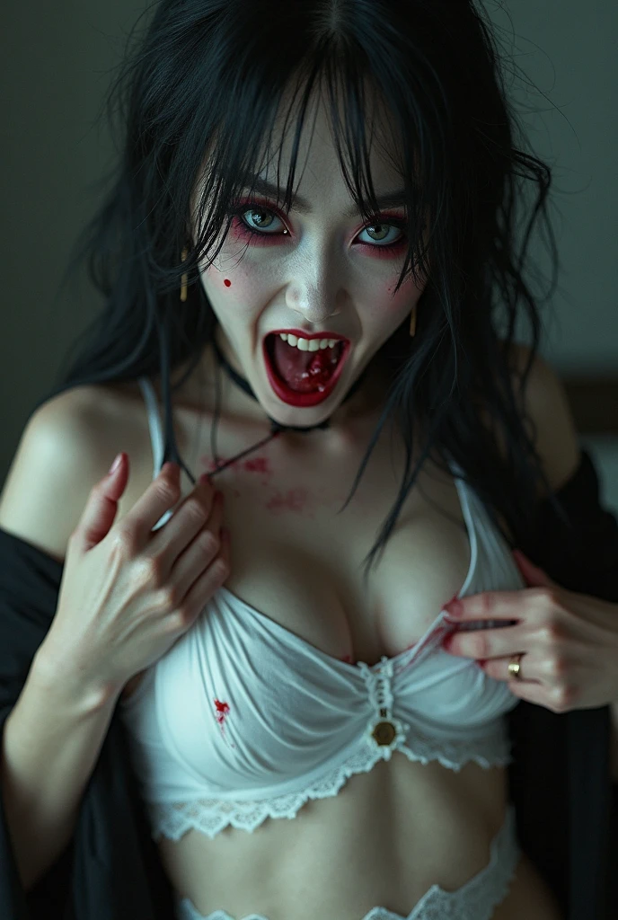 Ultra realistic photo of zombie girl, Realistic zombie movie, masterpiece, (Best Quality), (absurdness quality), High resolution, 32K, (Photorealistic:1.4), Black hair, (((Strapless, Torn sheer shirt))), A nasty abandoned house, Dark atmosphere, Super huge cleavage exposed, ((zoom out angle, Full body shot)), Super big tits spilled out of torn shirt, ((undead body, realistic Undead Face, Realistic rotten Skin, Undead Eyes)), infected by zombie virus,