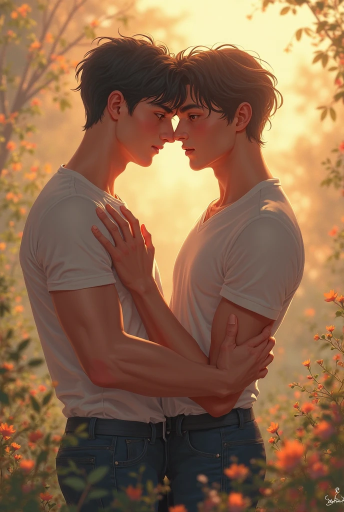 Create an image of two boys on a bench on top of a mountain with trees around them. The boy sitting is white with short black hair wearing shorts and a sleeveless t-shirt with defined muscles., on his lap is the other skinny boy with messy brown curly hair wearing black pants and a plaid shirt. The two approaching to kiss each other with their hands on each other's heads. Make the image with reference in yaoi manhwas imitating a painting with blurred brushstrokes in pastel tones.
